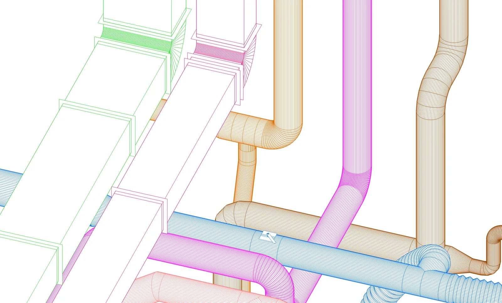 3D-Modell der technischen Gebäudeausrüstung mit Lüftungs- und Rohrführung